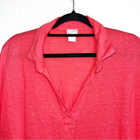 Chico’s 100% Linen Hot Pink Collared Split Neck Cap Sleeve Top 3 Xlarge Women’s - Picture 2 of 10